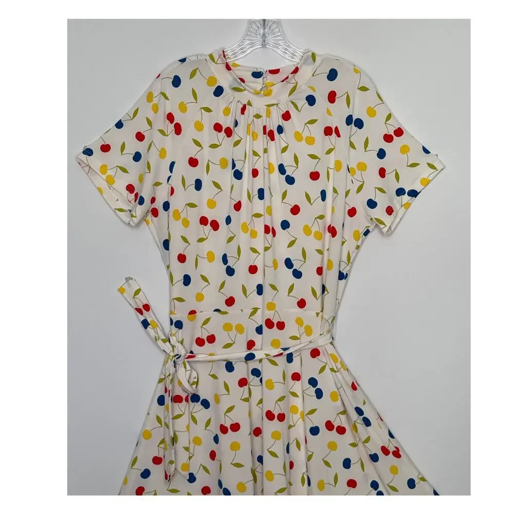 ModCloth Cherry Print retro swing Fit & Flare Dress mock neck & belt XL